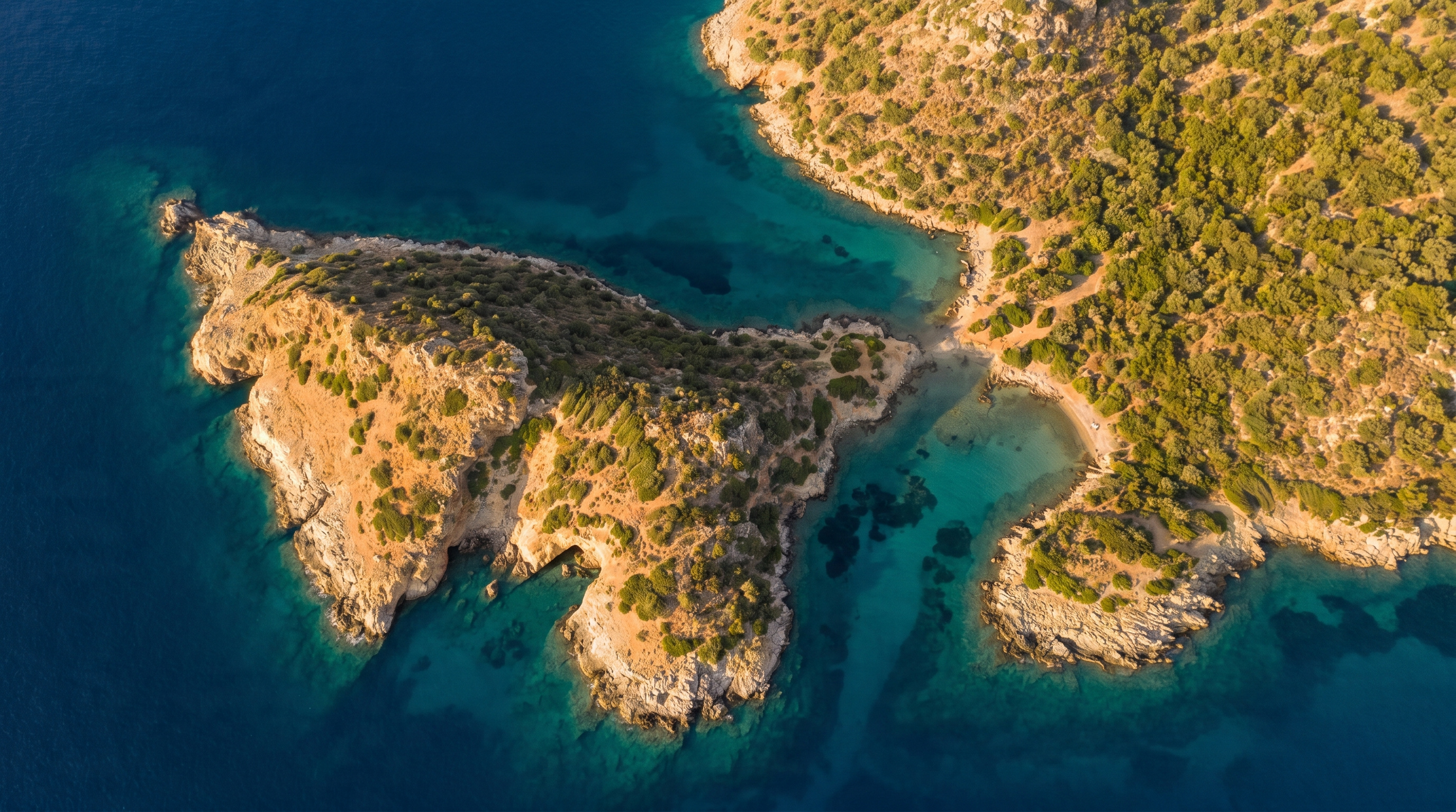 Aerial view of the Mirabello Bay coastline at golden hour, Crete
